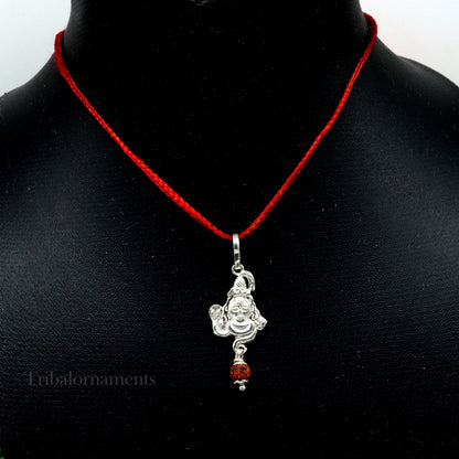 Solid sterling silver Lord Shiva pendant with hanging Rudraksha, detailed Hindu idol jewelry from Tribal Ornaments.