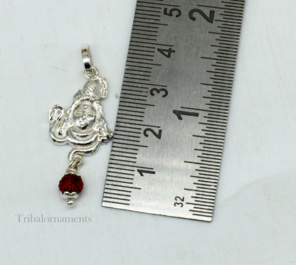 Solid sterling silver Lord Shiva pendant with hanging Rudraksha, intricate Hindu idol design, custom jewelry by TRIBAL ORNAMENTS.
