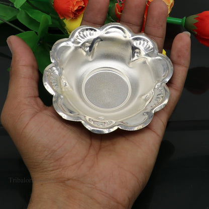 Handcrafted sterling silver bowl from TRIBAL ORNAMENTS, lightweight puja utensil with intricate silver vessel design.