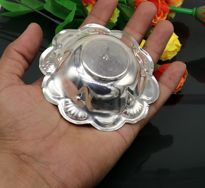 Handcrafted lightweight sterling silver bowl from TRIBAL ORNAMENTS, used as puja utensils or silver vessel for religious rituals.