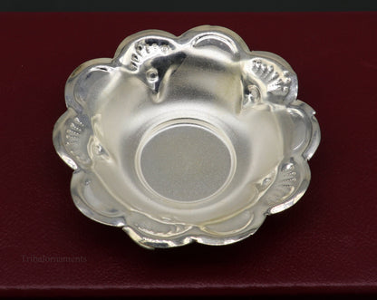 Handcrafted solid sterling silver bowl for puja, lightweight and detailed silver vessel by TRIBAL ORNAMENTS.