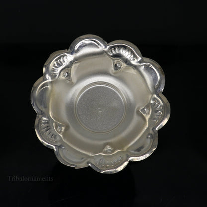 Handcrafted solid sterling silver bowl, lightweight puja utensil with intricate design, part of silver vessel collection by TRIBAL ORNAMENTS.