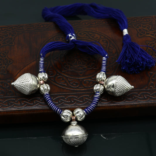 Solid sterling silver tribal Indian necklace and choker set with vintage traditional design, perfect for belly dance jewelry.