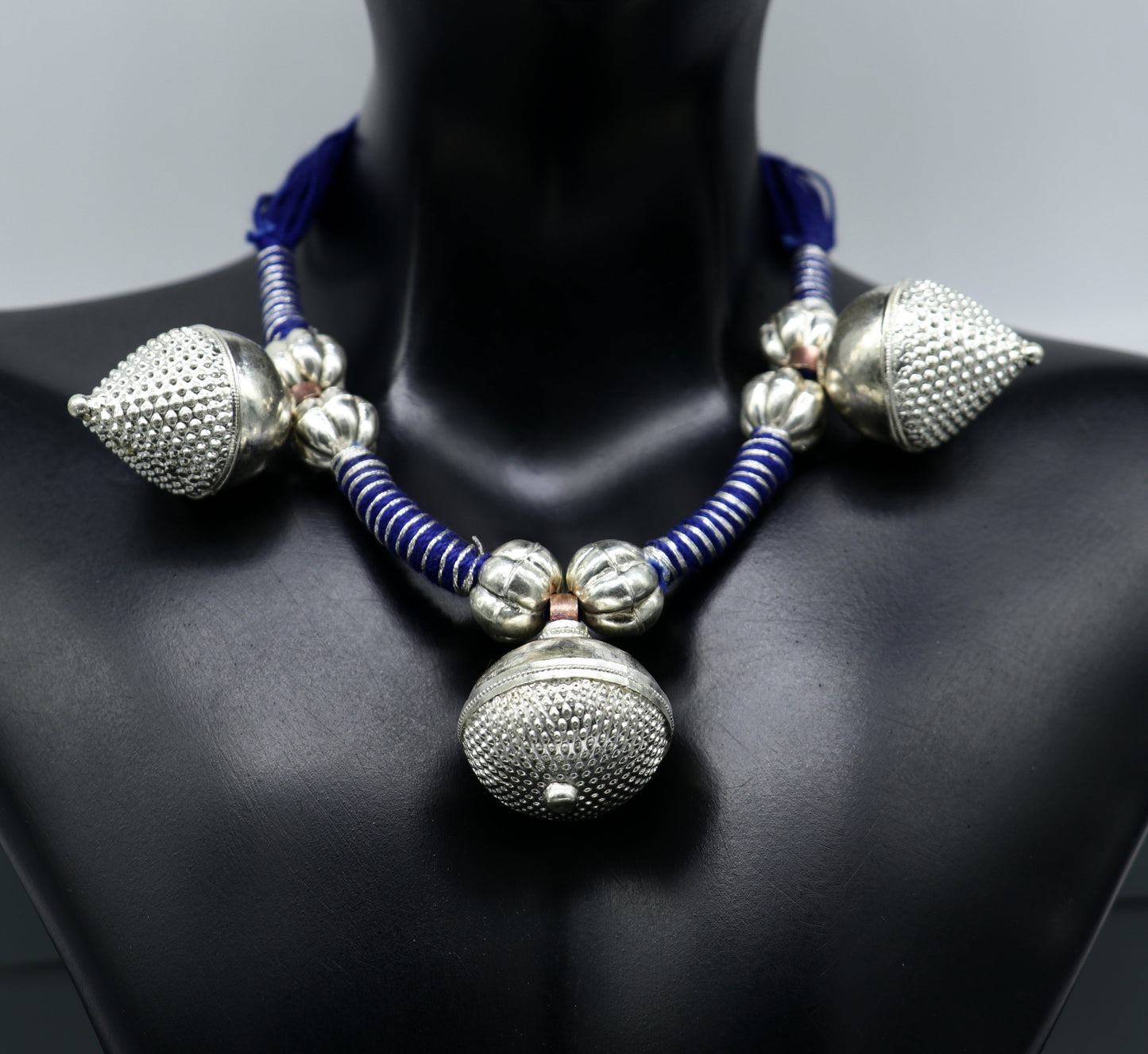 Sterling silver vintage tribal Indian choker necklace with traditional design, perfect for belly dance jewelry or tribal-inspired style.
