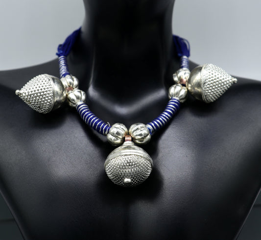 Sterling silver vintage tribal Indian choker necklace with traditional design, perfect for belly dance jewelry or tribal-inspired style.