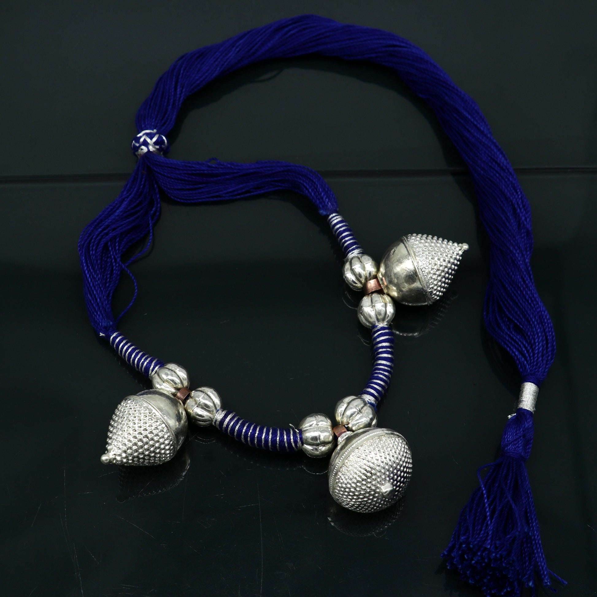 Sterling silver tribal Indian choker necklace with traditional vintage design, paired with matching belly dance jewelry set.