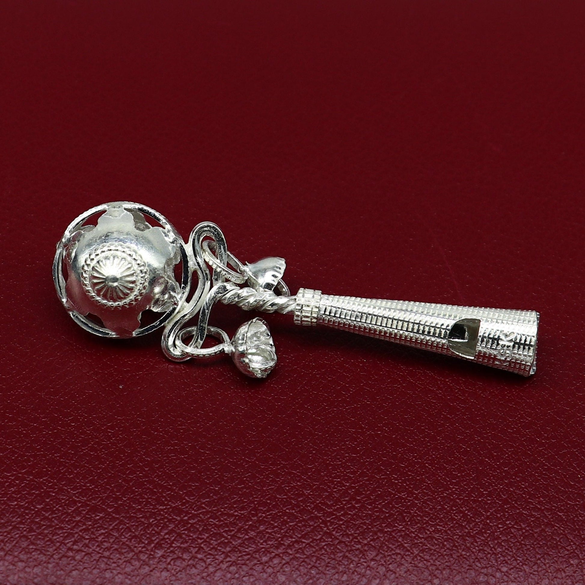 Solid sterling silver handmade design new born baby gifting bells toy, baby krishna gifting toy, silver whistle, silver temple article su338 - TRIBAL ORNAMENTS