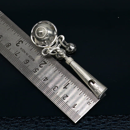 Sterling silver handmade baby Krishna gift bell toy with intricate design, ideal for newborn gifting and temple decoration.