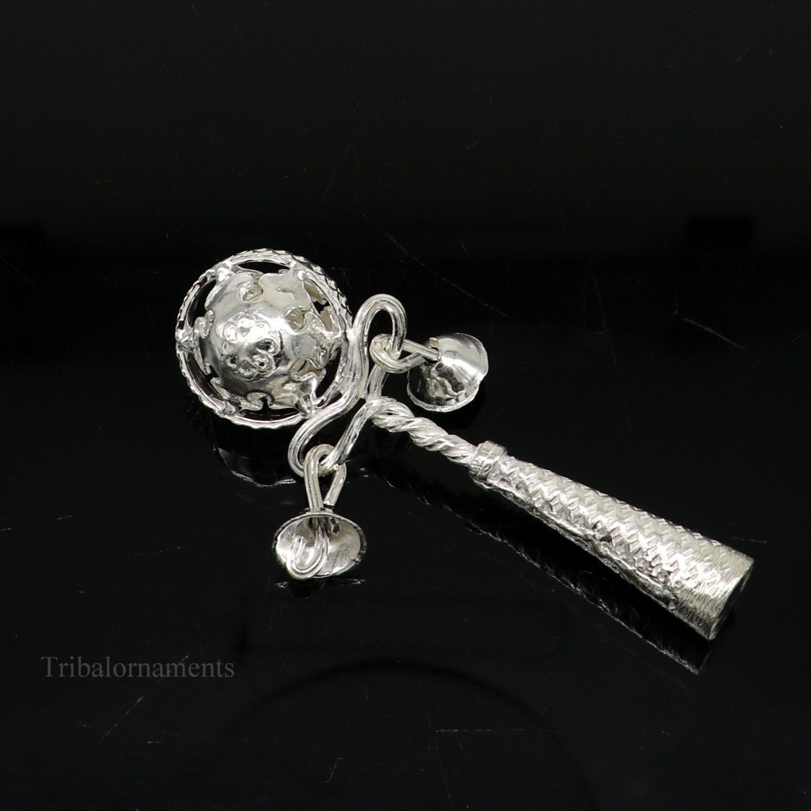 Solid sterling silver handmade design new born baby gifting bells toy, baby krishna gifting toy, silver whistle, silver temple article su407 - TRIBAL ORNAMENTS