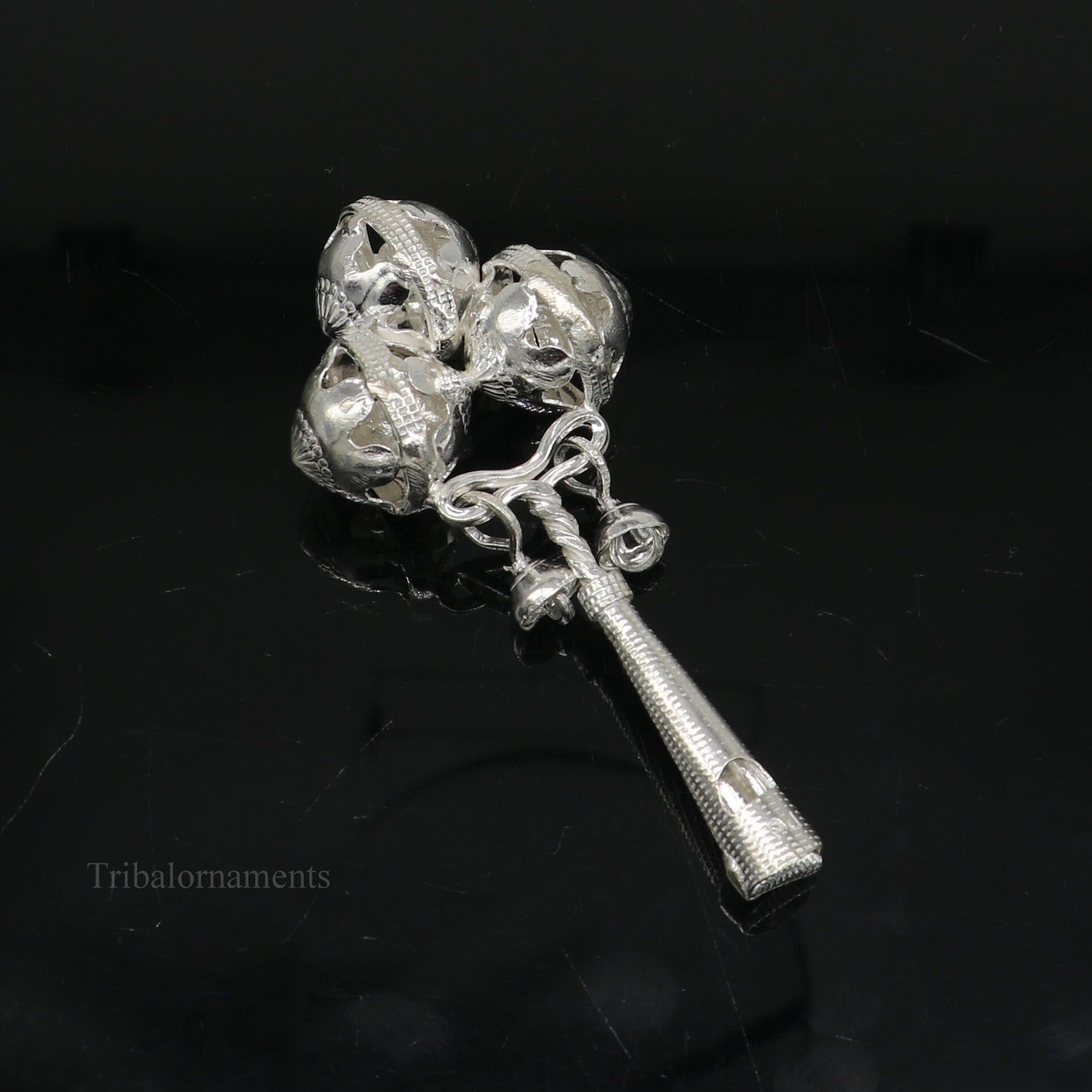 Solid sterling silver handmade design new born baby gifting bells toy, baby krishna gifting toy, silver whistle, silver temple article su408 - TRIBAL ORNAMENTS