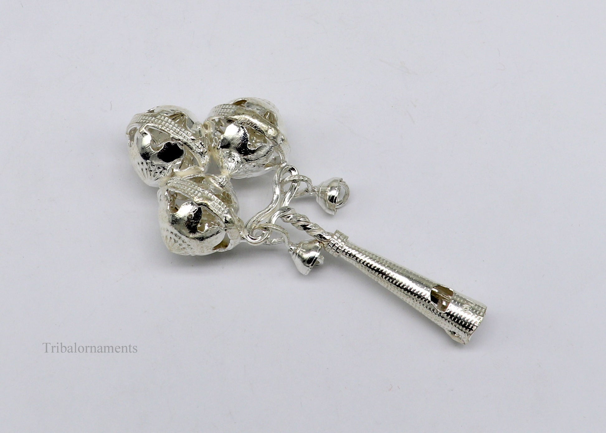 Solid sterling silver handmade design new born baby gifting bells toy, baby krishna gifting toy, silver whistle, silver temple article su408 - TRIBAL ORNAMENTS