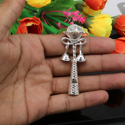 Sterling silver handmade baby Krishna gifting bells toy with intricate design, suitable as a newborn gift or silver temple ornament.