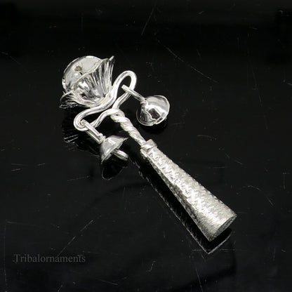 Solid sterling silver baby Krishna gift bells toy with handmade design, silver whistle, and temple-inspired details from Tribal Ornaments.