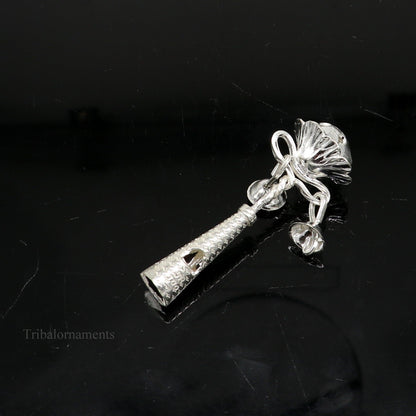 Sterling silver handmade baby Krishna gifting bells toy, featuring intricate tribal design and silver whistle, ideal for newborn gifting.