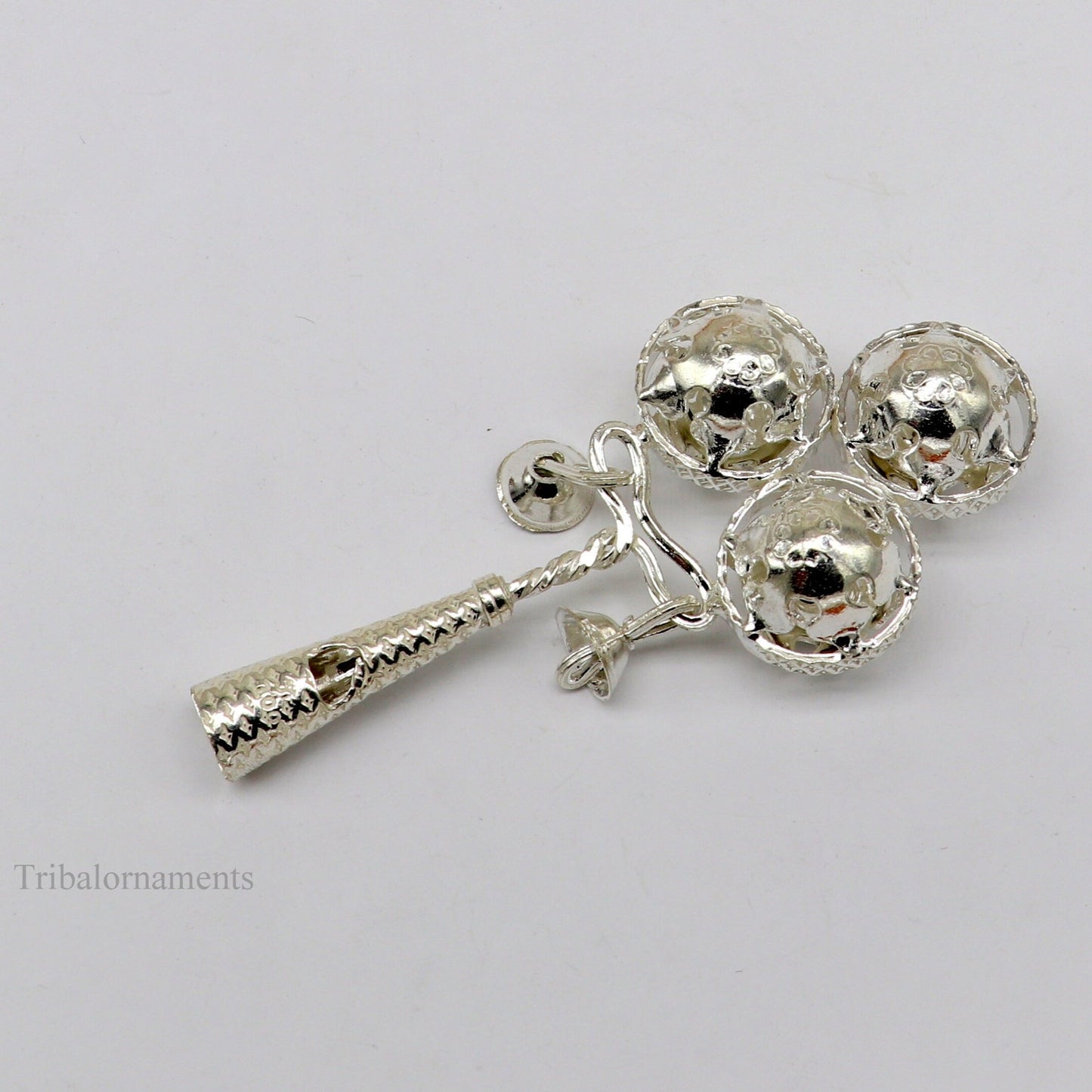 Solid sterling silver handmade design new born baby gifting bells toy, baby krishna gifting toy, silver whistle, silver temple article su410 - TRIBAL ORNAMENTS