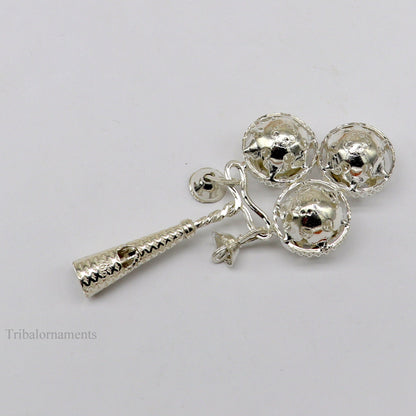 Solid sterling silver handmade design new born baby gifting bells toy, baby krishna gifting toy, silver whistle, silver temple article su410 - TRIBAL ORNAMENTS
