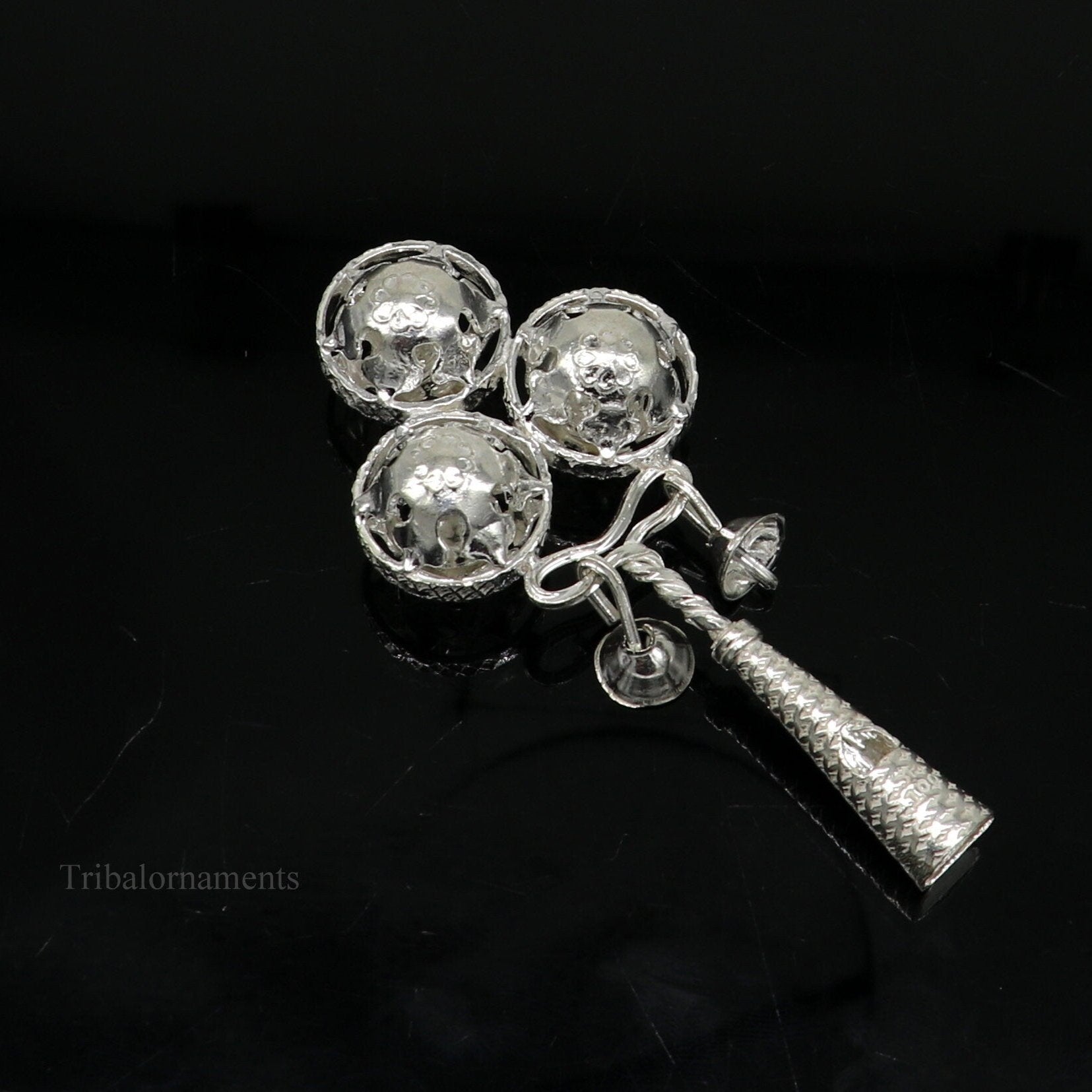 Solid sterling silver handmade design new born baby gifting bells toy, baby krishna gifting toy, silver whistle, silver temple article su410 - TRIBAL ORNAMENTS