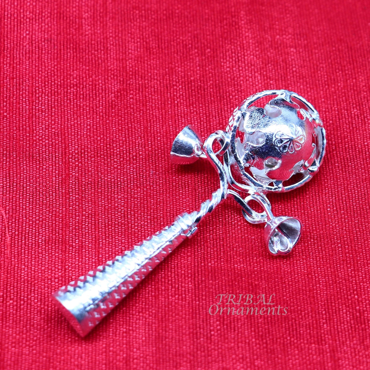 Solid sterling silver handmade design new born baby gifting bells toy, baby krishna gifting toy, silver whistle, silver temple article su899 - TRIBAL ORNAMENTS