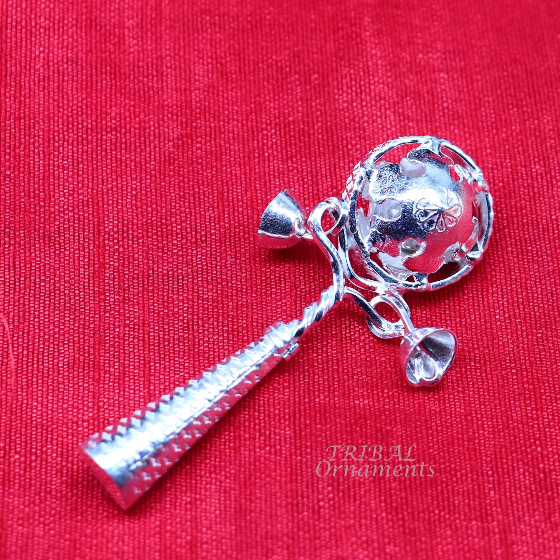Solid sterling silver handmade design new born baby gifting bells toy, baby krishna gifting toy, silver whistle, silver temple article su899 - TRIBAL ORNAMENTS