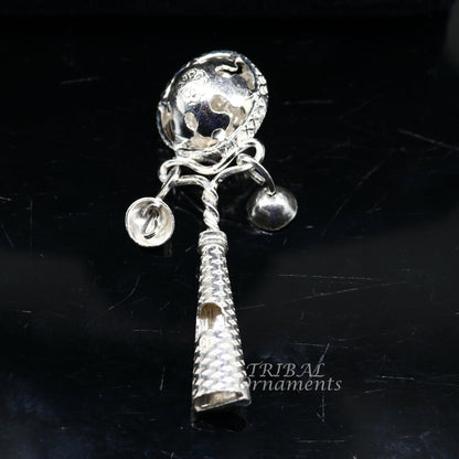 Solid sterling silver handmade design new born baby gifting bells toy, baby krishna gifting toy, silver whistle, silver temple article su899 - TRIBAL ORNAMENTS