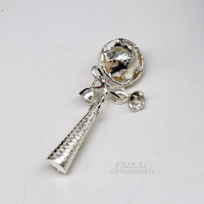 Solid sterling silver handmade design new born baby gifting bells toy, baby krishna gifting toy, silver whistle, silver temple article su899 - TRIBAL ORNAMENTS