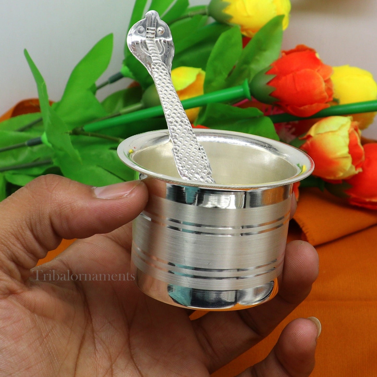 Solid sterling silver handmade ghee pot for puja, traditional Indian worship utensil, elegant butter pot from Tribal Ornaments.