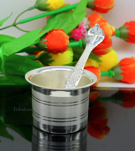 Handmade solid sterling silver ghee pot for puja and worship, traditional Indian silver butter and puja utensil from TRIBAL ORNAMENTS.