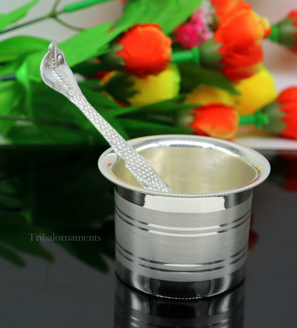 Solid sterling silver Ghee pot for puja, handmade elegant butter vessel from India, traditional silver worship utensil by Tribal Ornaments.