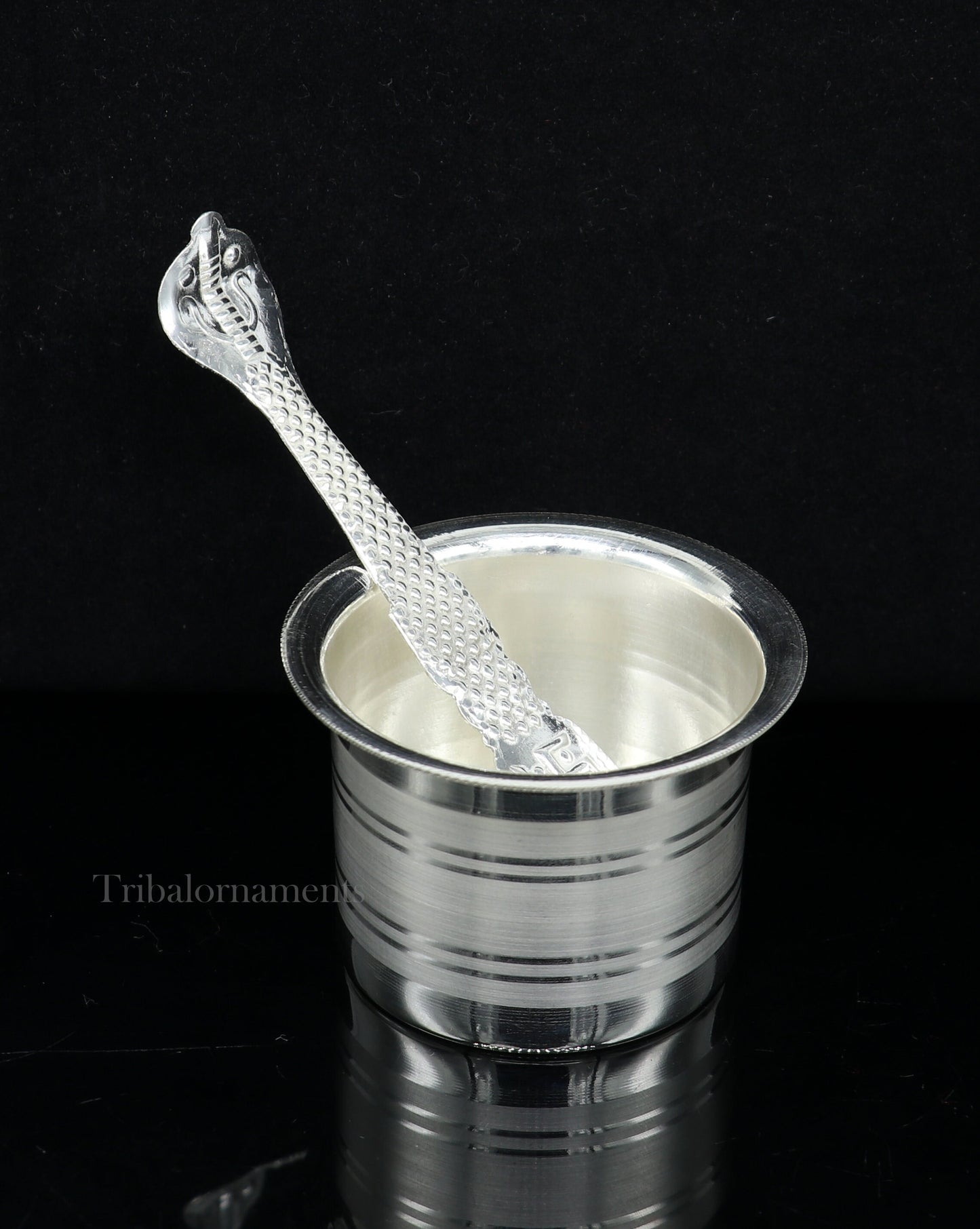 Solid sterling silver handmade ghee pot for puja, traditional Indian butter and worship utensils by Tribal Ornaments.