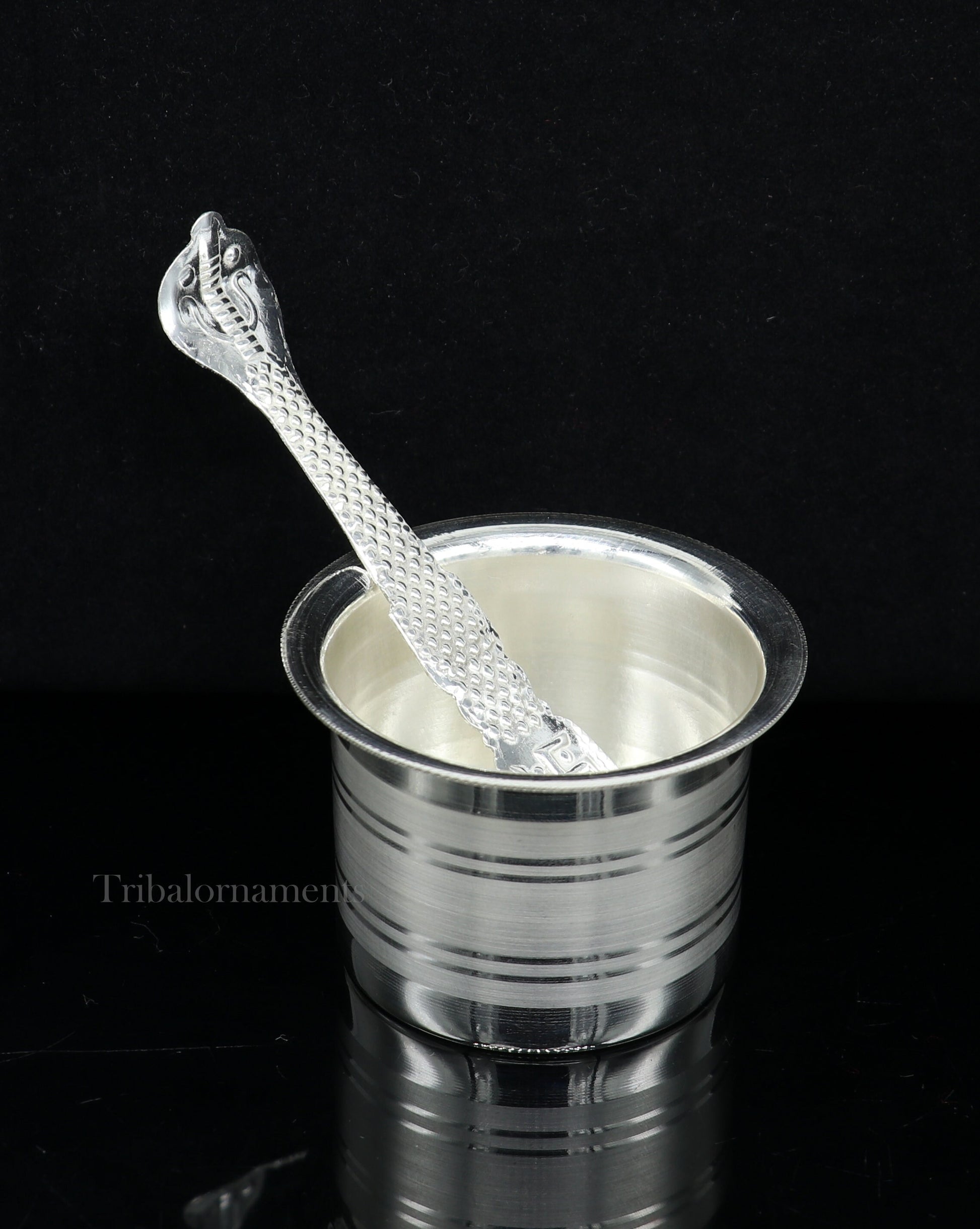 Solid sterling silver handmade ghee pot for puja, traditional Indian butter and worship utensils by Tribal Ornaments.