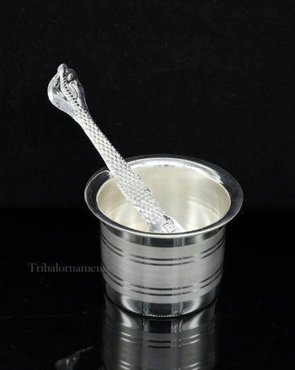 Solid sterling silver handmade ghee pot for puja, traditional Indian butter and worship utensils by Tribal Ornaments.