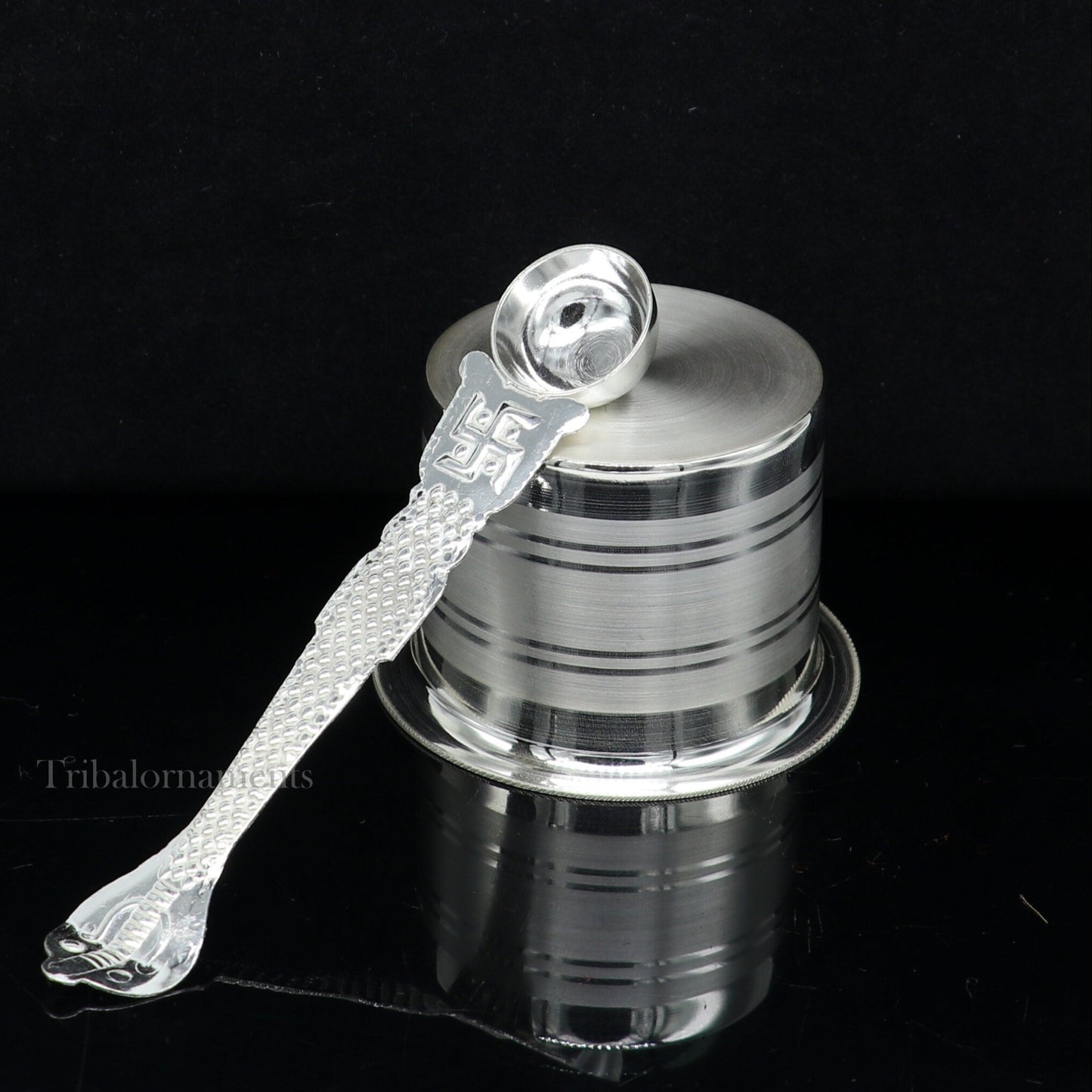 Solid sterling silver handmade ghee pot for puja, traditional Indian butter and worship utensils by Tribal Ornaments.