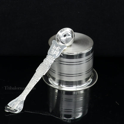 Solid sterling silver handmade ghee pot for puja, traditional Indian butter and worship utensils by Tribal Ornaments.