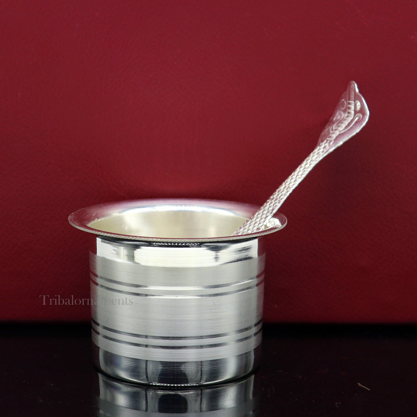 Solid sterling silver handmade Ghee pot for puja or worship, traditional Indian butter serving utensil from Tribal Ornaments.