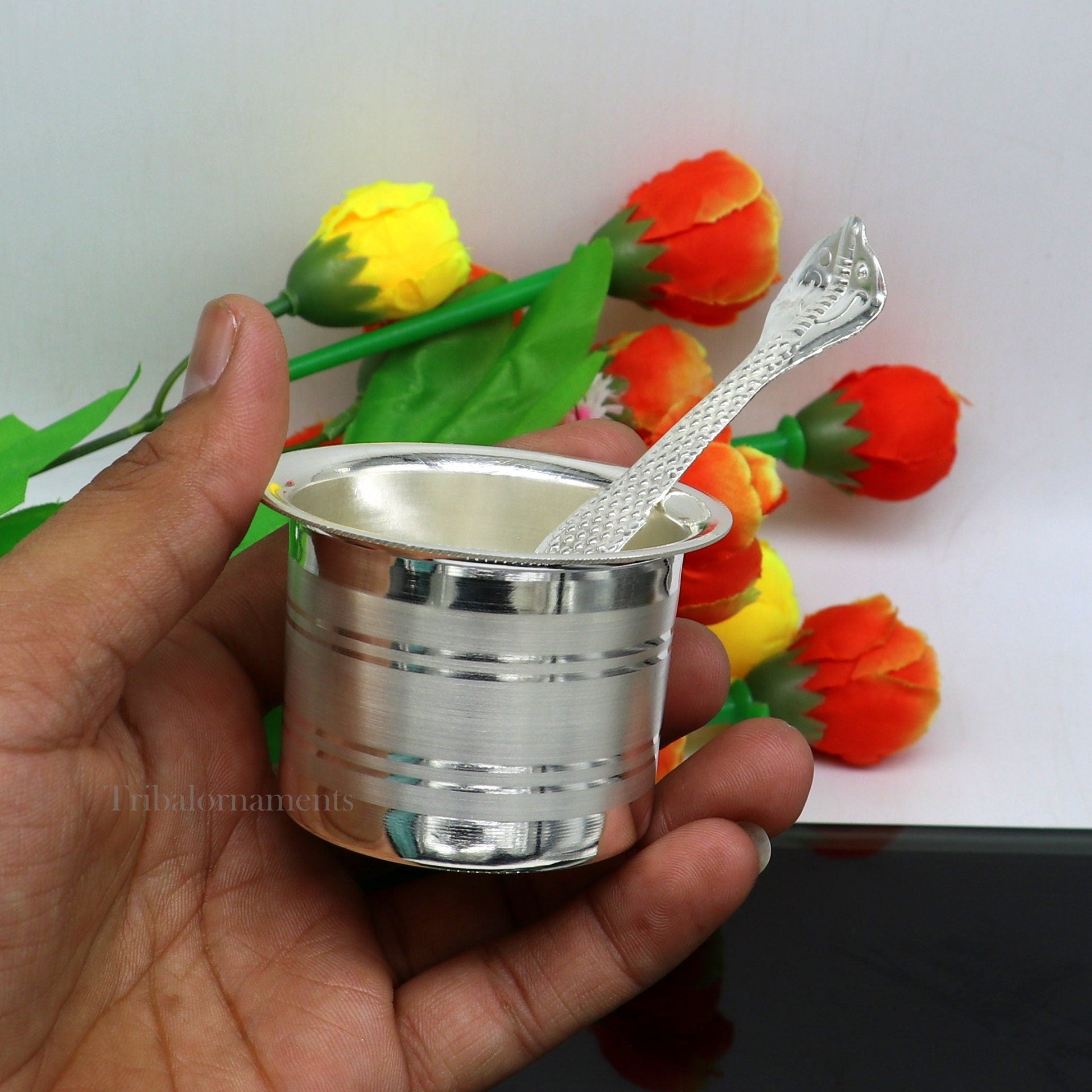 Solid sterling silver handmade ghee pot from Tribal Ornaments, traditional Indian butter pot for puja or worship.