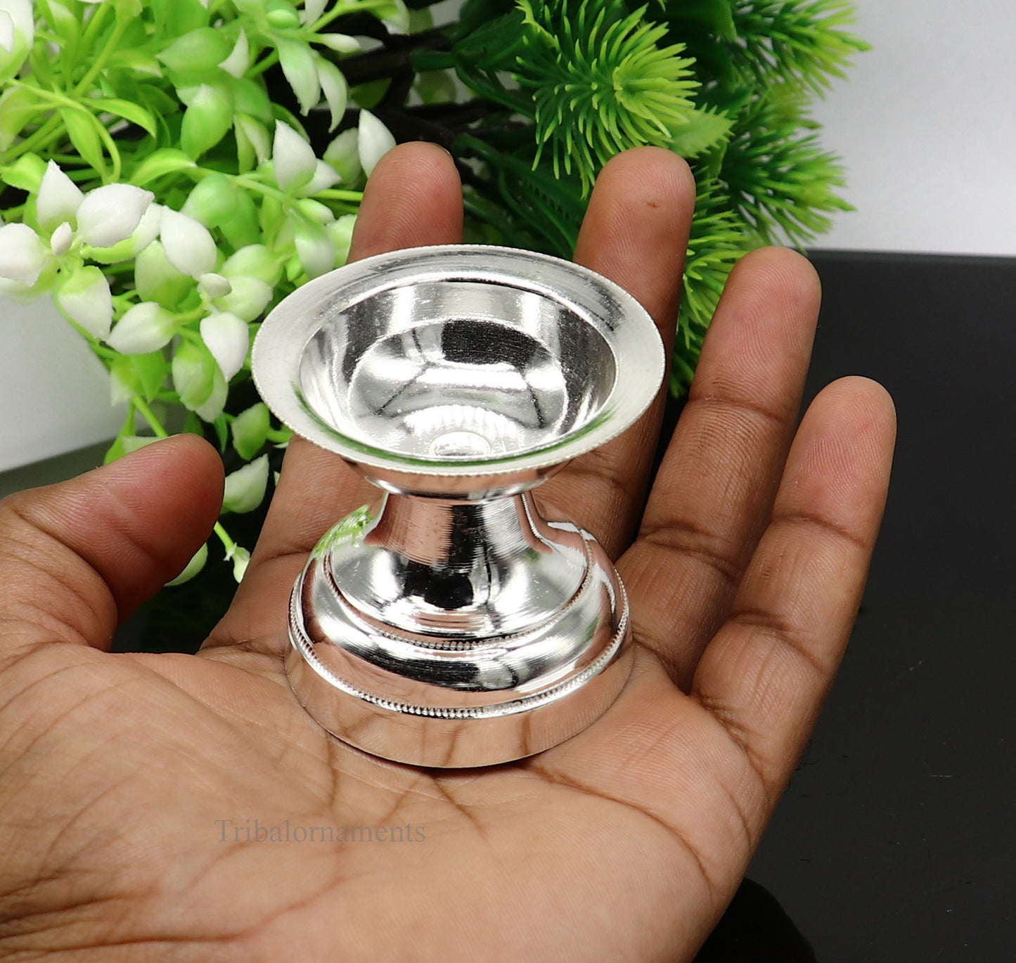 solid sterling silver handmade elegant oil lamp, silver home temple utensils, silver diya, deepak, silver utensil, silver puja article su403 - TRIBAL ORNAMENTS