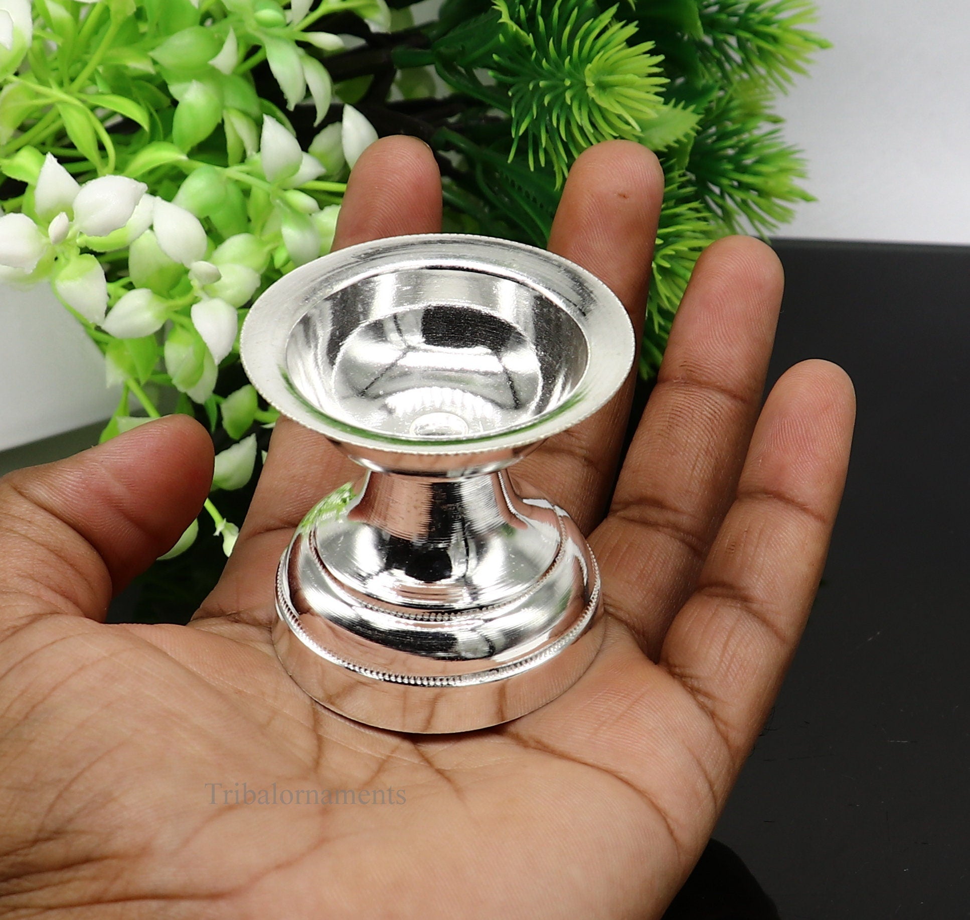 solid sterling silver handmade elegant oil lamp, silver home temple utensils, silver diya, deepak, silver utensil, silver puja article su403 - TRIBAL ORNAMENTS