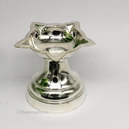 solid sterling silver handmade elegant oil lamp, silver home temple utensils, silver diya, deepak, silver utensil, silver puja article su404 - TRIBAL ORNAMENTS