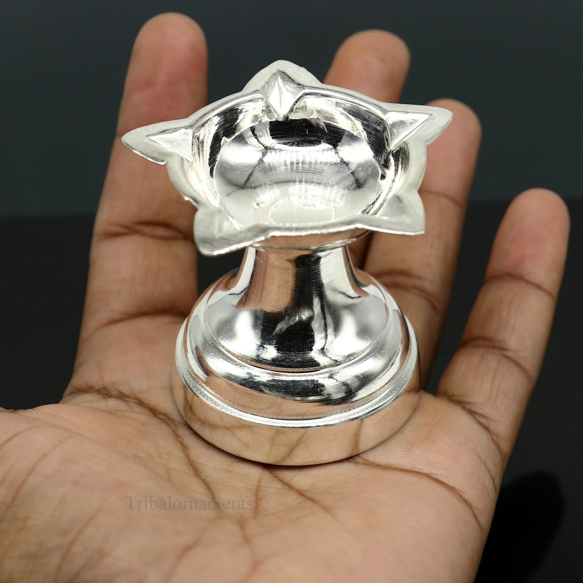 solid sterling silver handmade elegant oil lamp, silver home temple utensils, silver diya, deepak, silver utensil, silver puja article su404 - TRIBAL ORNAMENTS