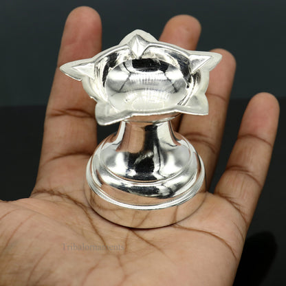 solid sterling silver handmade elegant oil lamp, silver home temple utensils, silver diya, deepak, silver utensil, silver puja article su404 - TRIBAL ORNAMENTS