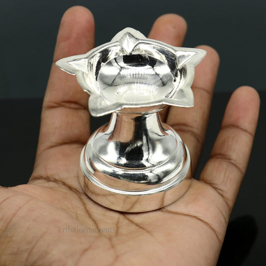 solid sterling silver handmade elegant oil lamp, silver home temple utensils, silver diya, deepak, silver utensil, silver puja article su404 - TRIBAL ORNAMENTS