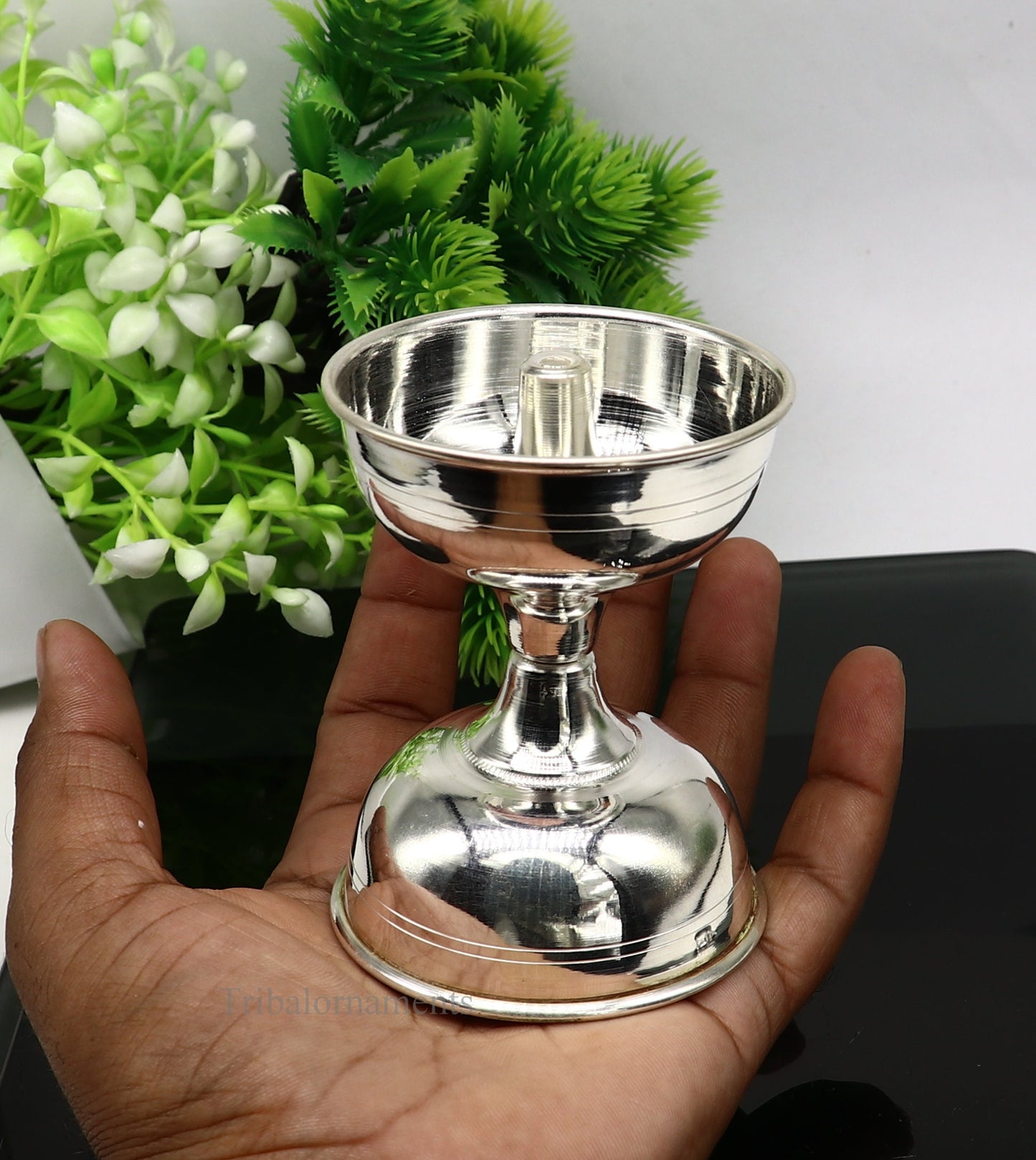 solid sterling silver handmade elegant oil lamp, silver home temple utensils, silver diya, deepak, silver utensil, silver puja article su405 - TRIBAL ORNAMENTS