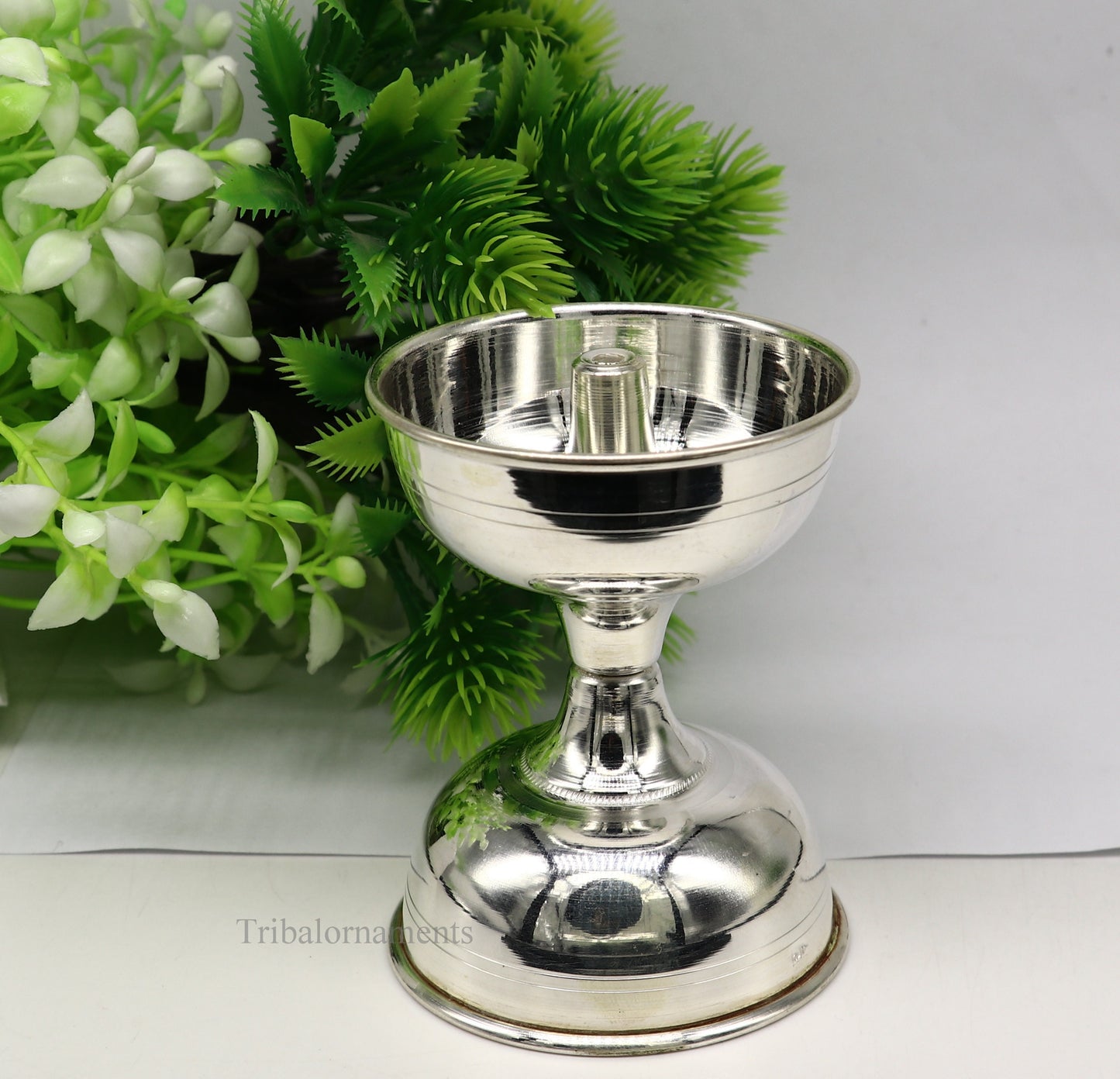 solid sterling silver handmade elegant oil lamp, silver home temple utensils, silver diya, deepak, silver utensil, silver puja article su405 - TRIBAL ORNAMENTS