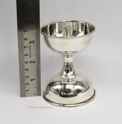 solid sterling silver handmade elegant oil lamp, silver home temple utensils, silver diya, deepak, silver utensil, silver puja article su405 - TRIBAL ORNAMENTS