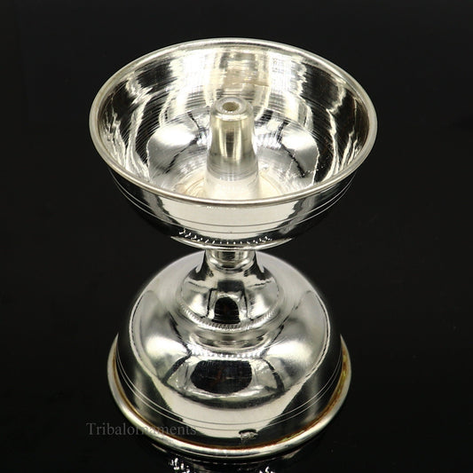 solid sterling silver handmade elegant oil lamp, silver home temple utensils, silver diya, deepak, silver utensil, silver puja article su405 - TRIBAL ORNAMENTS