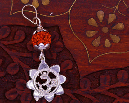 Solid sterling silver Aum pendant with natural rudraksha bead, unisex tribal jewelry, handcrafted and stylish necklace.