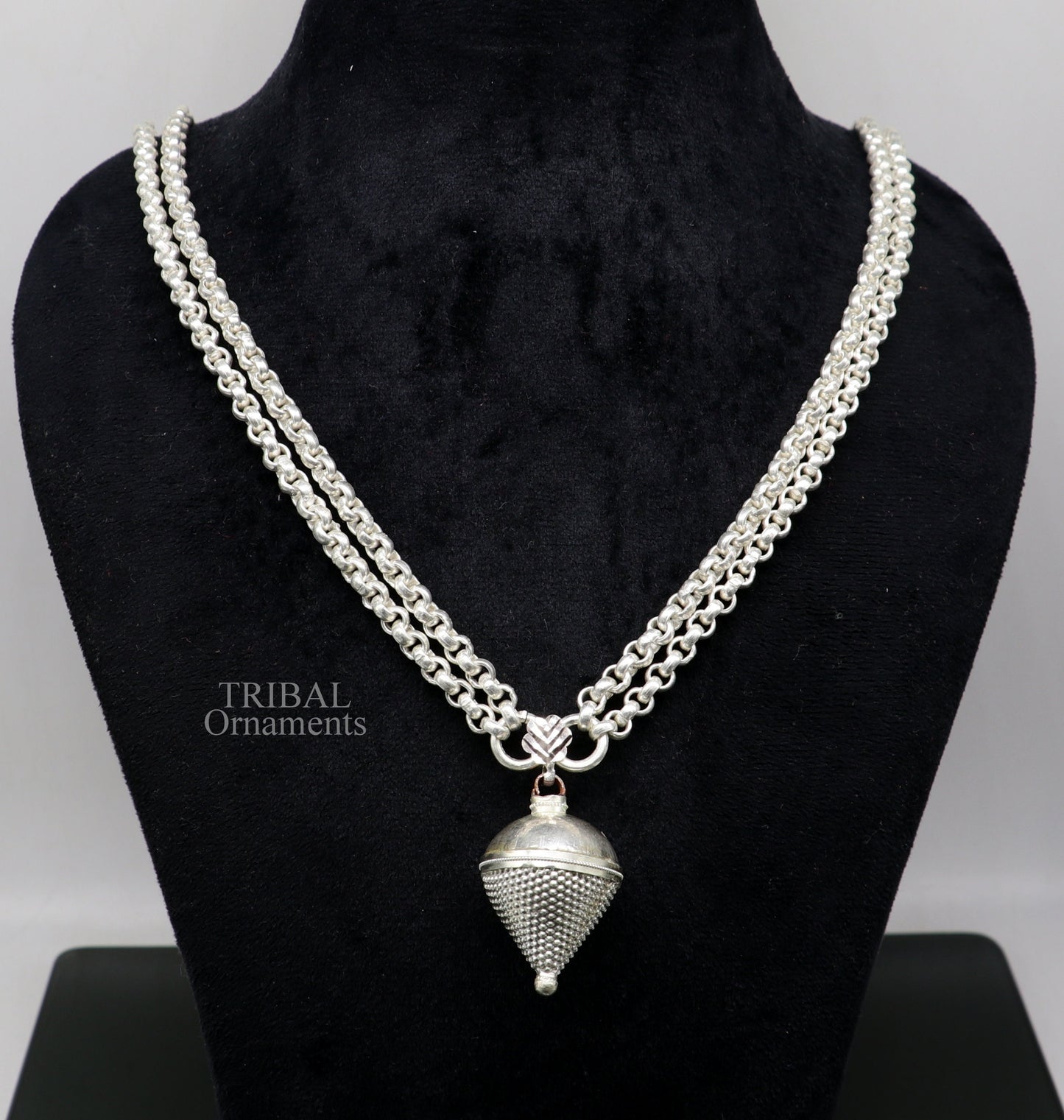 Sterling silver cable link rolo chain necklace set with two strings, handmade tribal jewelry from India.