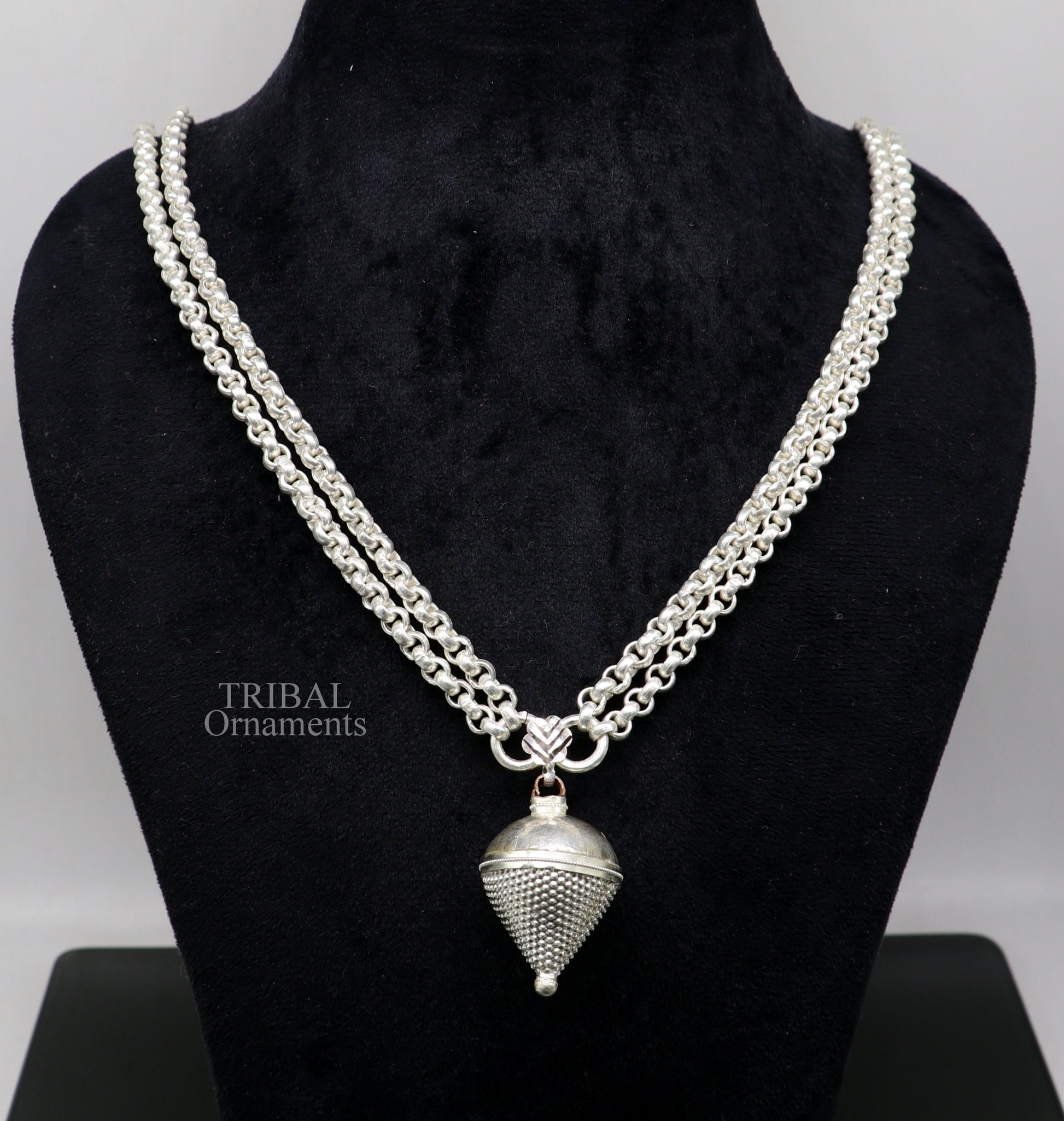 Sterling silver cable link rolo chain necklace set with two strings, handmade tribal jewelry from India.
