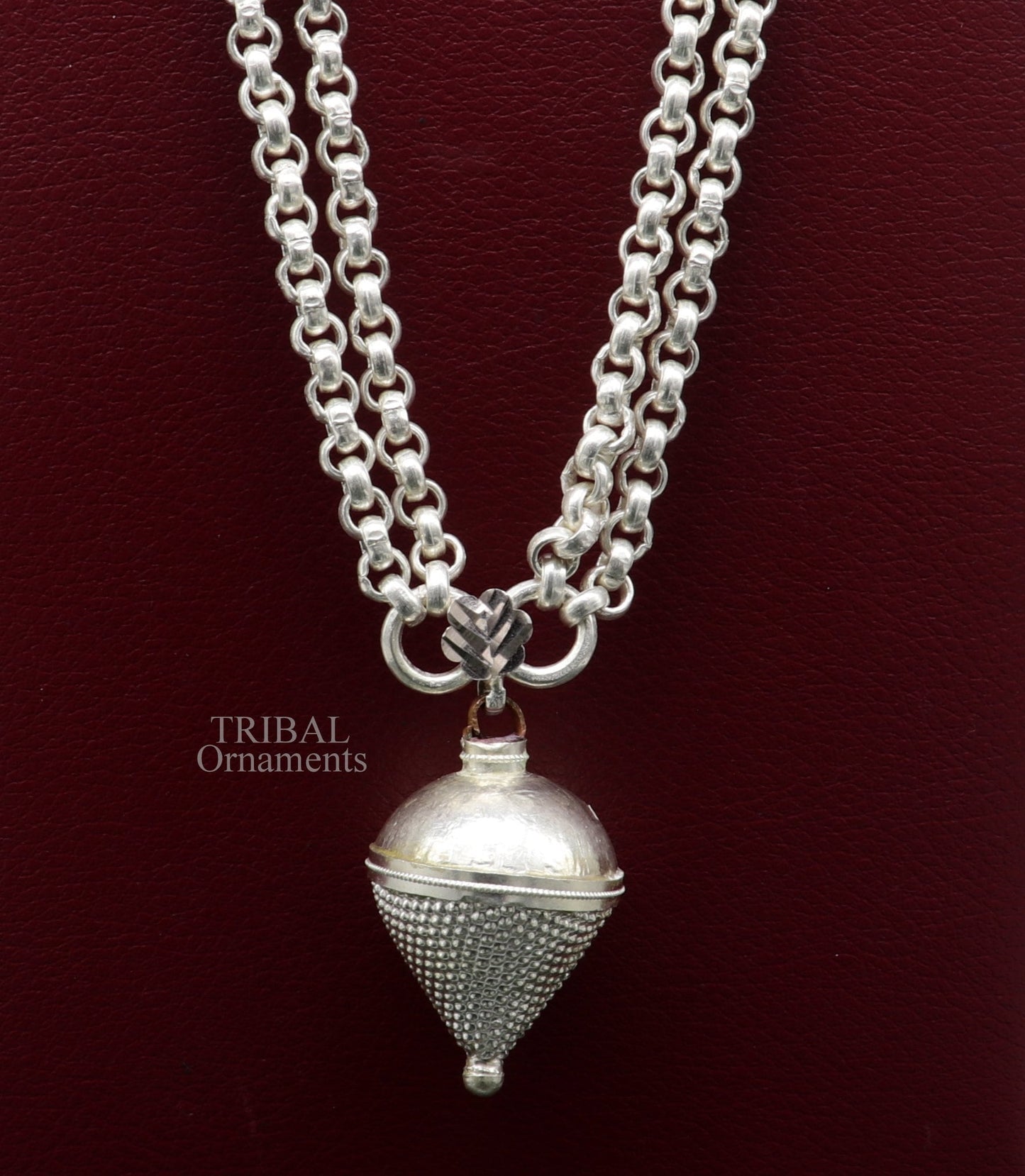 Solid sterling silver cable link rolo chain necklace set with two strings, handmade tribal jewelry from India.