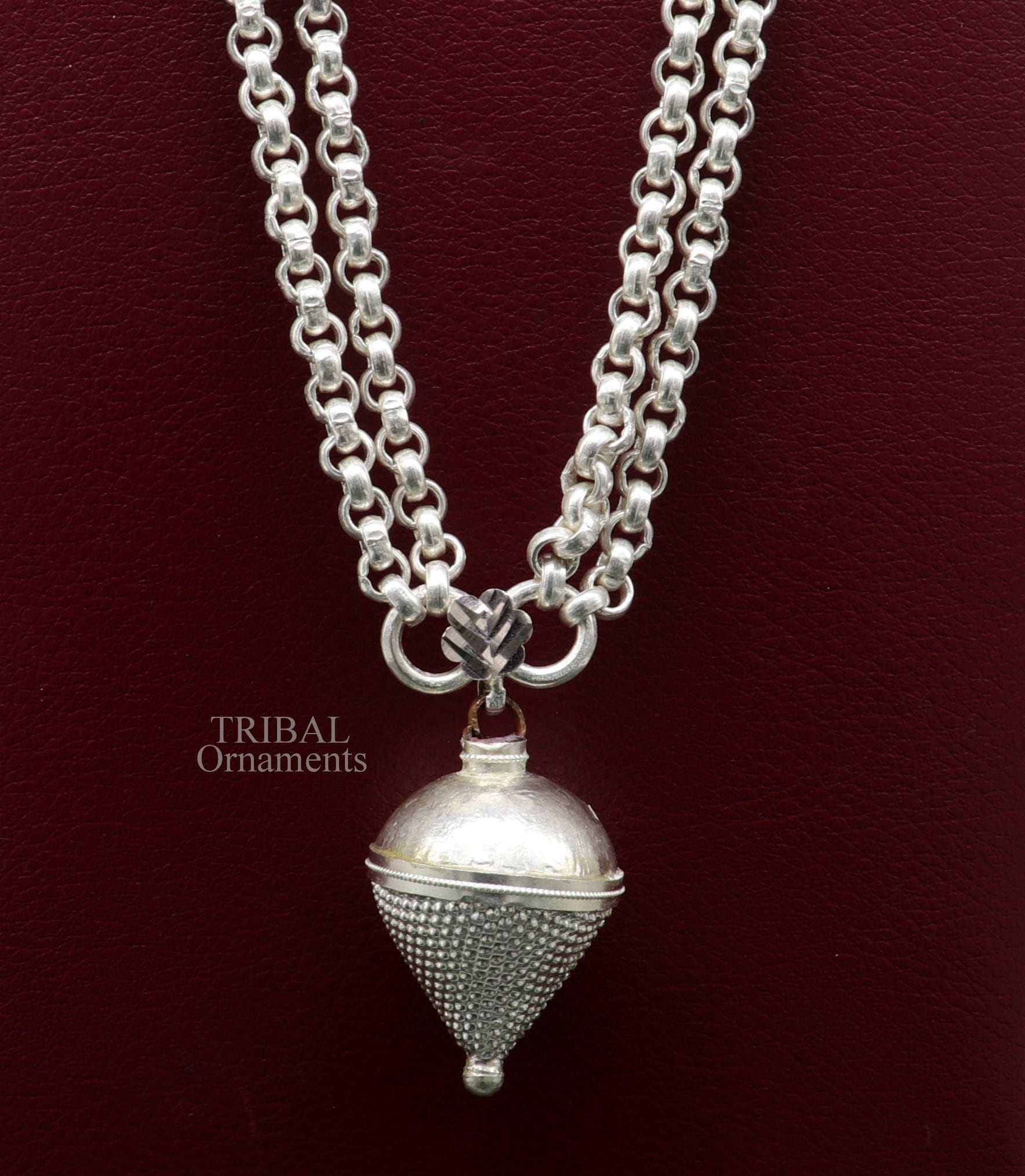 Solid sterling silver cable link rolo chain necklace set with two strings, handmade tribal jewelry from India.